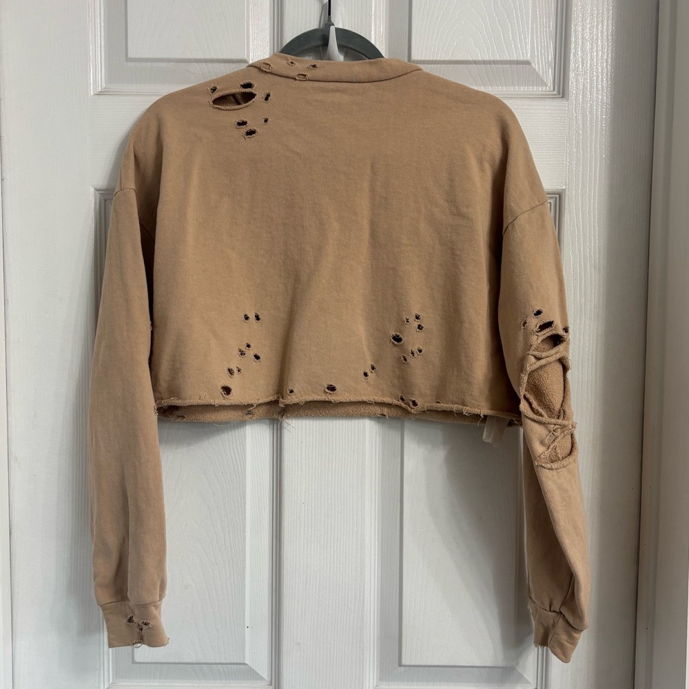 Mistress Rocks Risk Taker Distressed Tan Cropped Sweatshirt Size Small - Picture 3 of 7